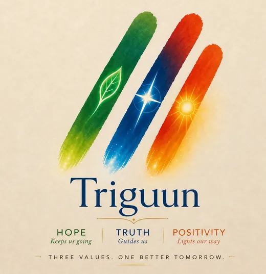 The Triguun watercolour artwork: three brushstrokes in green, blue and orange above the Triguun wordmark and its three taglines — hope keeps us going, truth guides us, positivity lights our way.